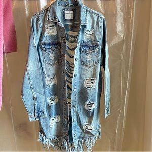 Distressed Long Denim Jacket NWT Size Small